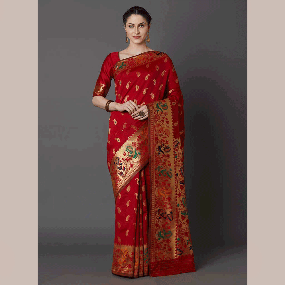 Silk Printed Saree With Blouse Piece For Women - Red