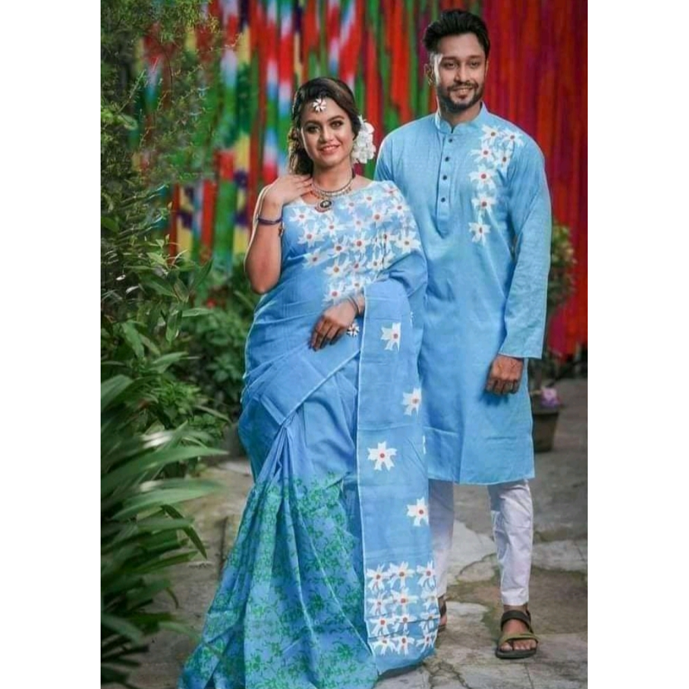 Half Silk Block Print Saree and Dhupian Cotton Panjabi Couple Set - Sky Blue - 353