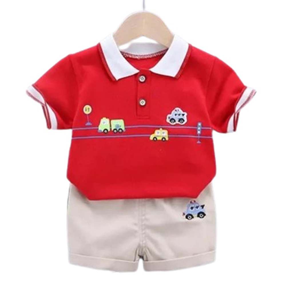 China Cotton Half Sleeve T-Shirt and Half Pant Set For Boys - Red - BM-24