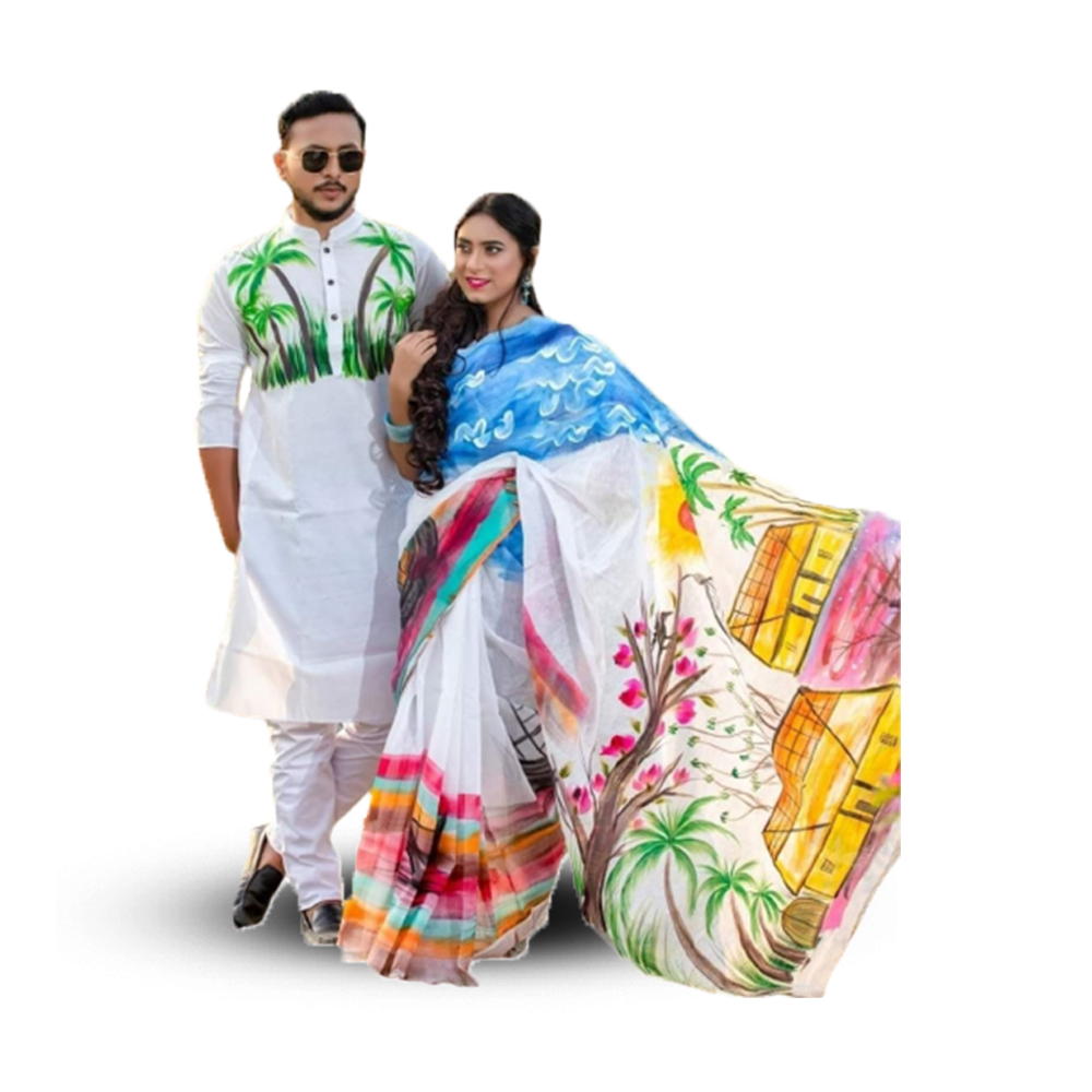 Hand Printed Saree With Panjabi Couple Set - Multicolor - CS-93 