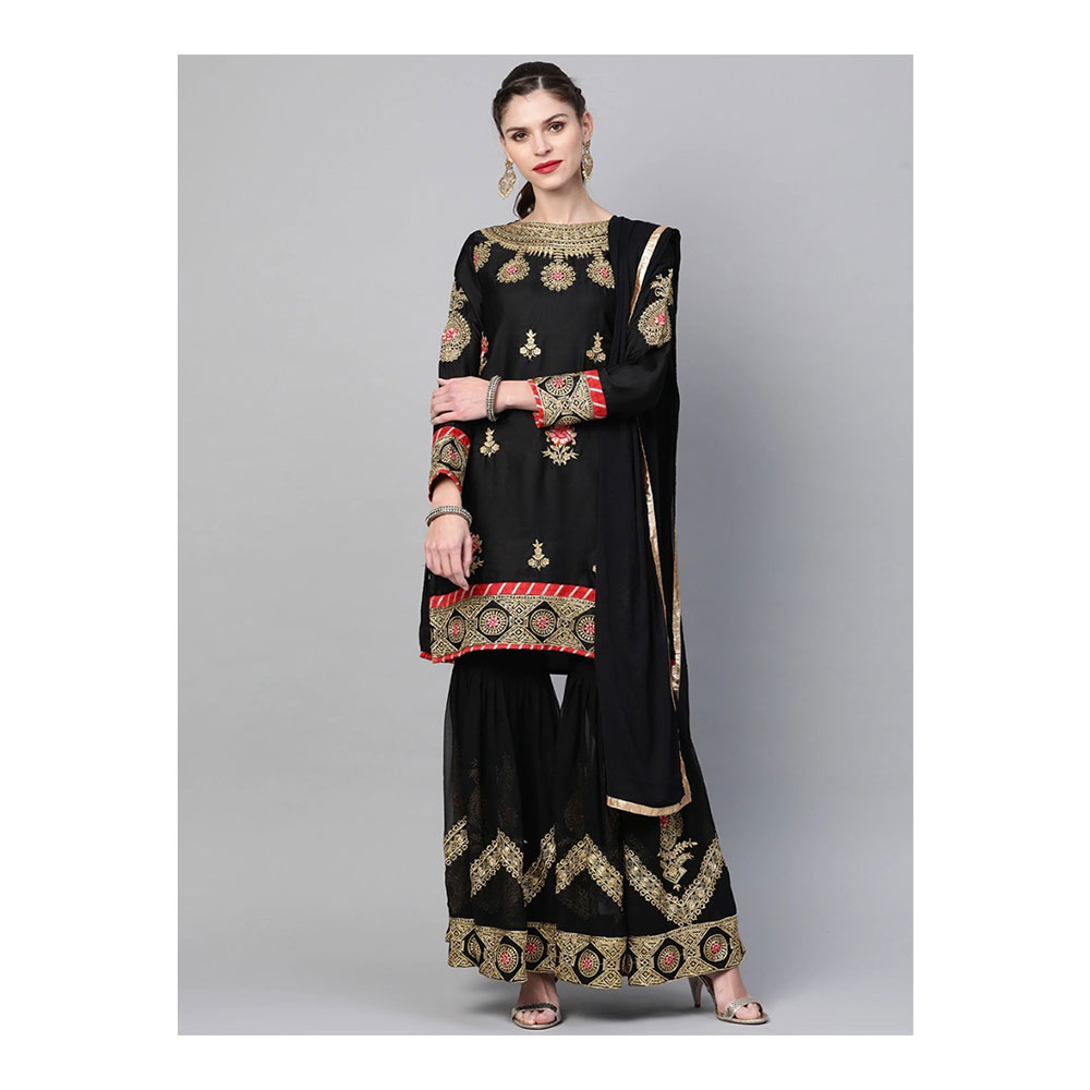 Georgette Semi Stitched Embroidered Sharara Three Piece for Women - Black