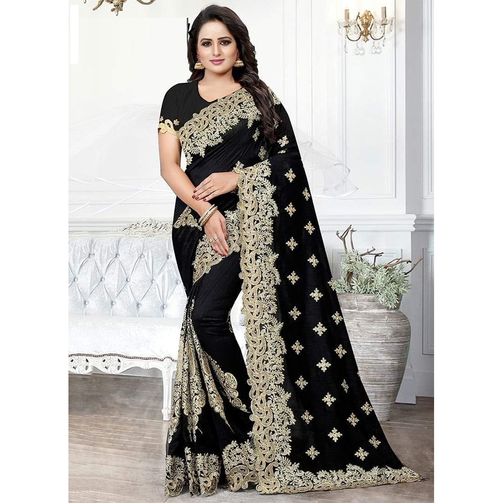 Indian Georgette Saree with Blouse Piece for Women - Black and Silver - HS-00026