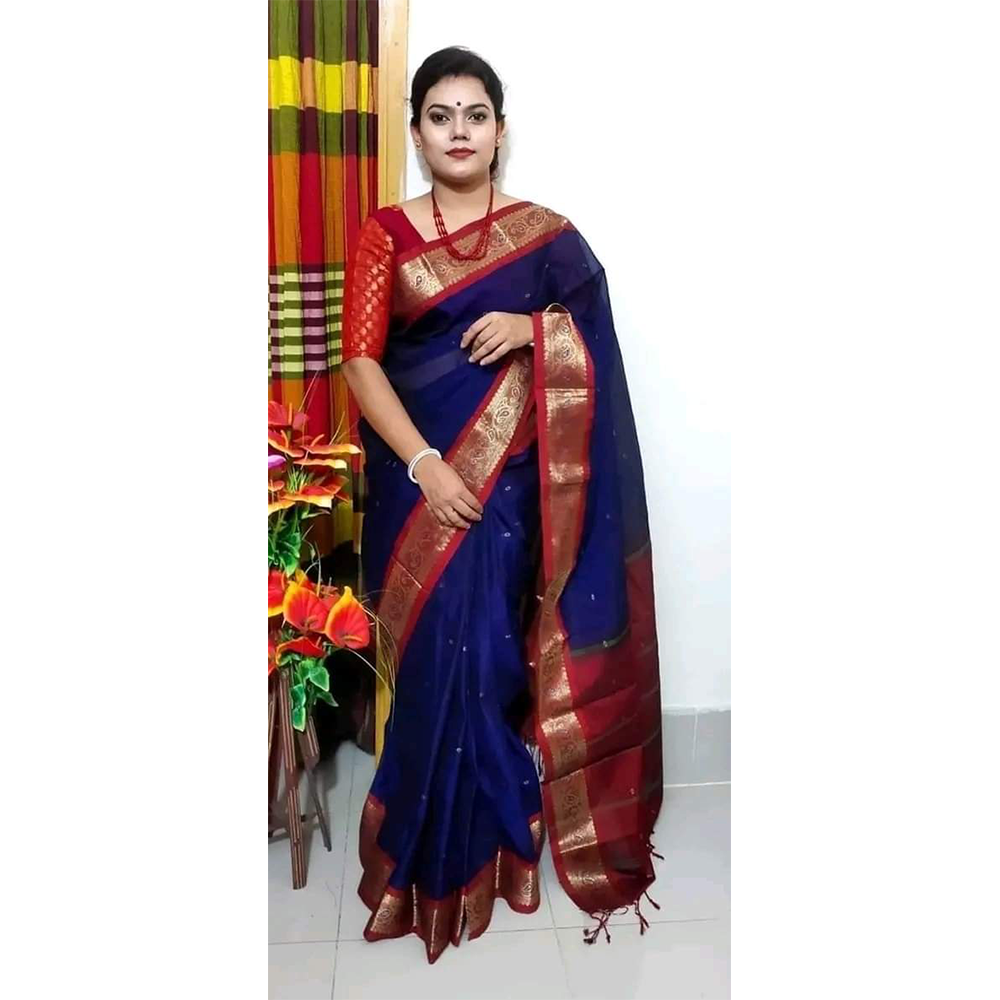 Mashlais Buti Cotton Saree with Blouse Piece For Women - Royal Blue - SP-M08