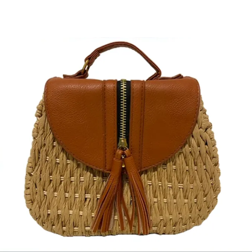 Pu Leather And Cotton Straw Woven Crossbody Shoulder Bag For Women - Chocolate and Off White