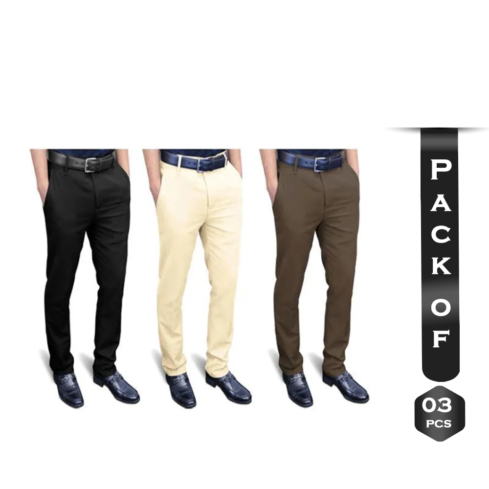 Combo of 3Pcs Cotton Semi Stretched Chinos Gabardine Pant For Men - Multicolor - PGS018