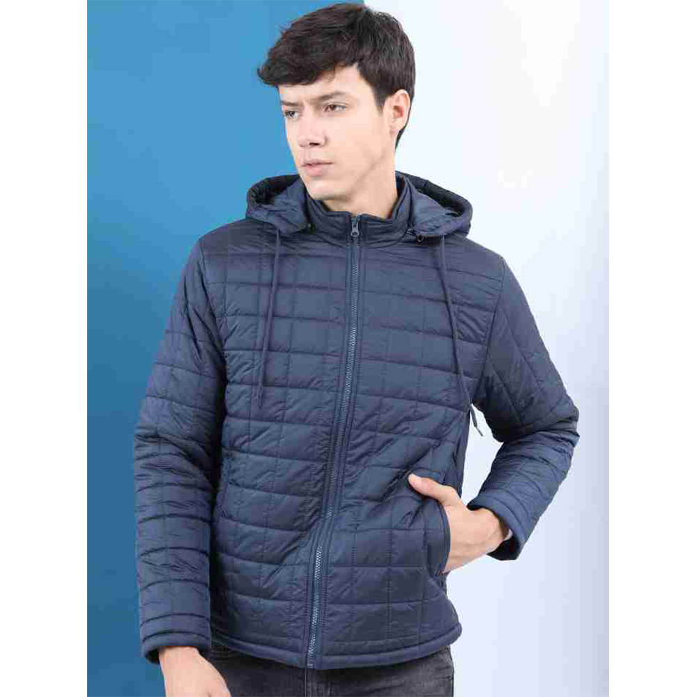 Synthetic Full Sleeve Hooded Puffer Jacket for Men - Navy Blue