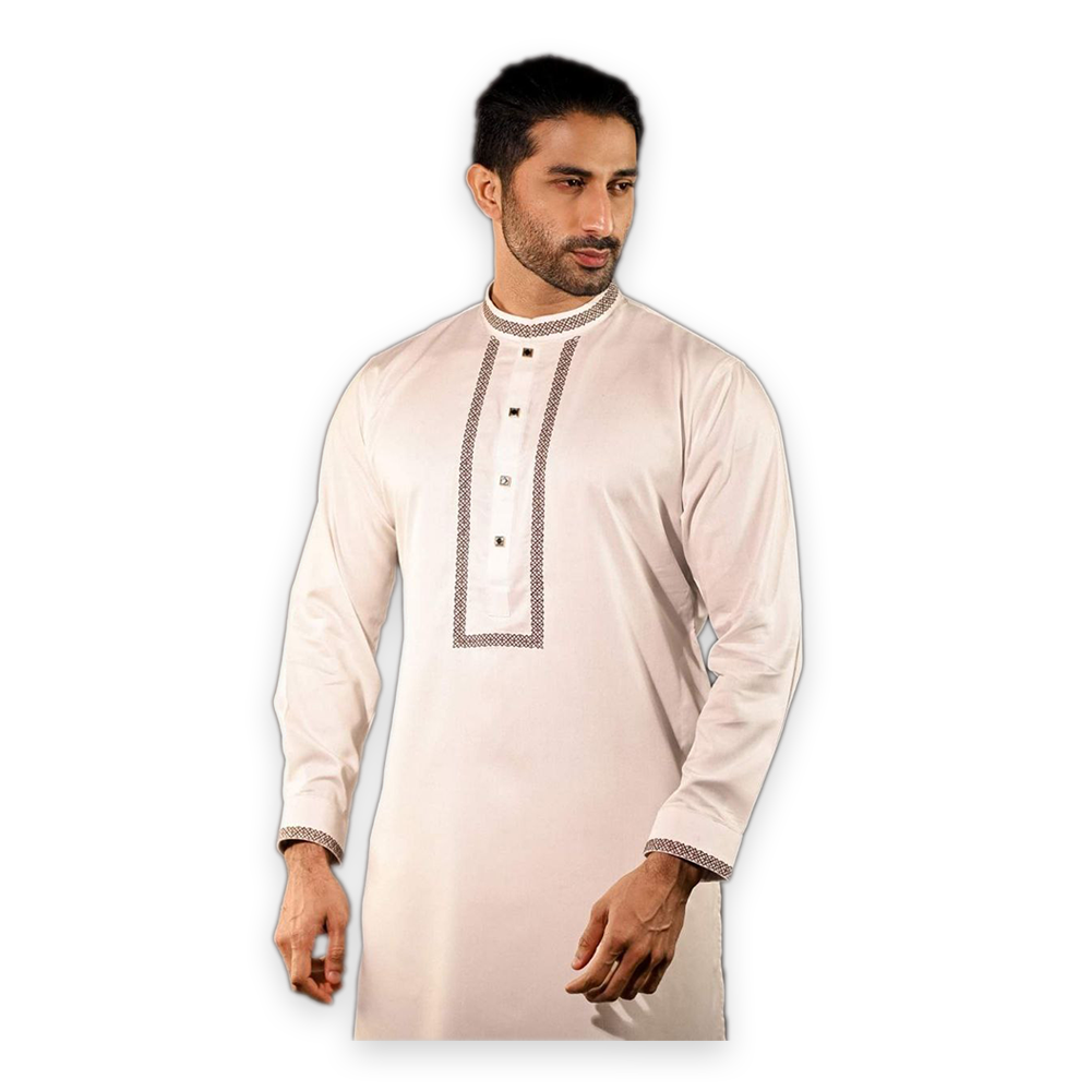 Cotton Embroidered Panjabi For Men - White - 2313