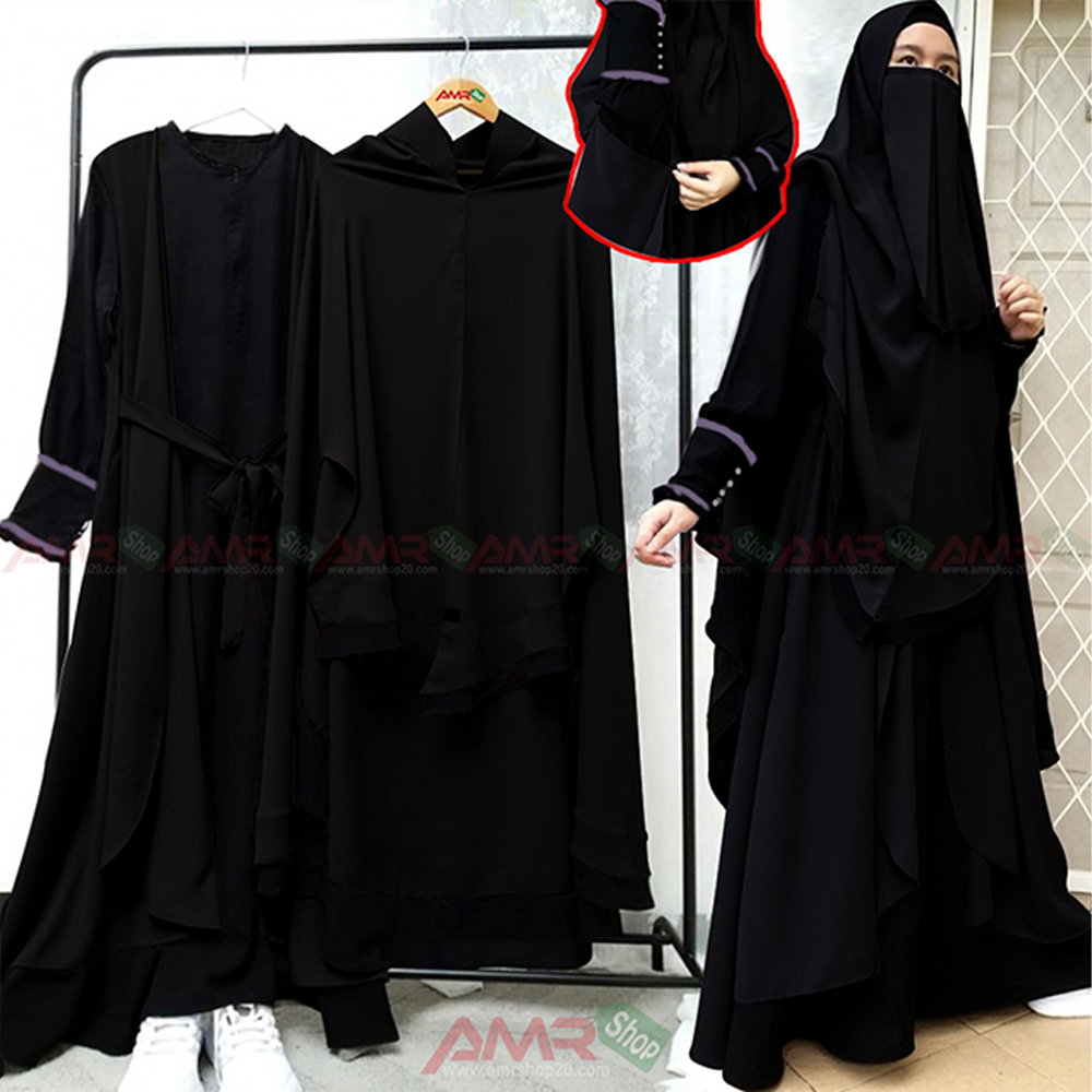 Dubai Cherry Indonesia Hijab Niqab Burkha Set for Women - Black - B_441