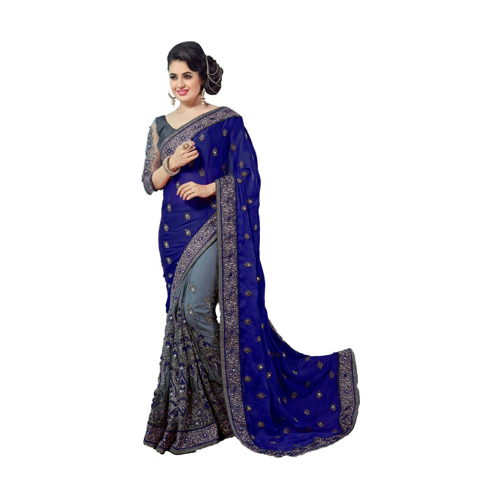 Embroidery Work Weightless Georgette Saree With Blouse Pcs For Women - Blue and Ash