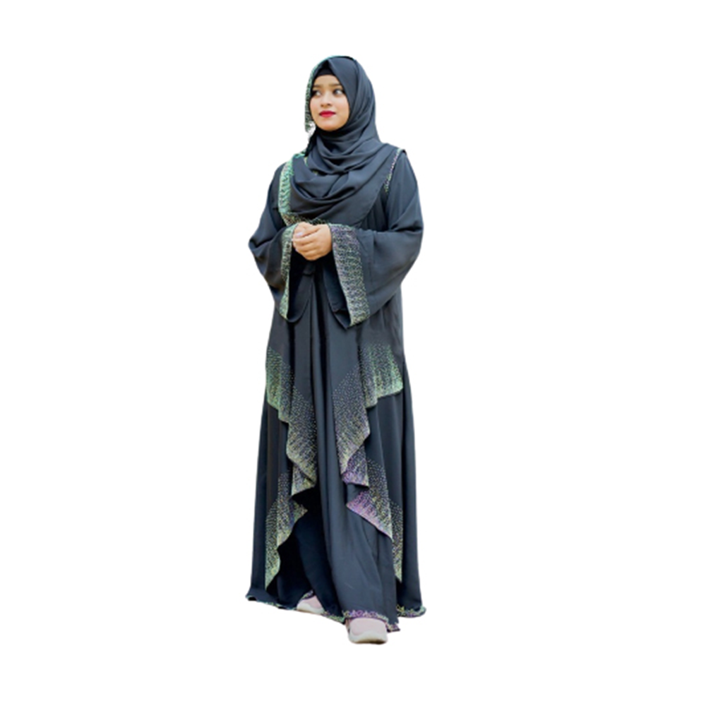 Dubai Cherry Embroidery Koti Burka With Hijab For Women - Maroon