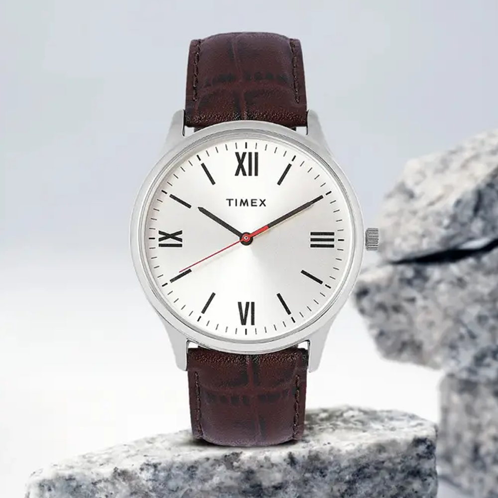 Timex TW0TG7300 Silver Dial Leather Strap Analog Watch for Men - Brown