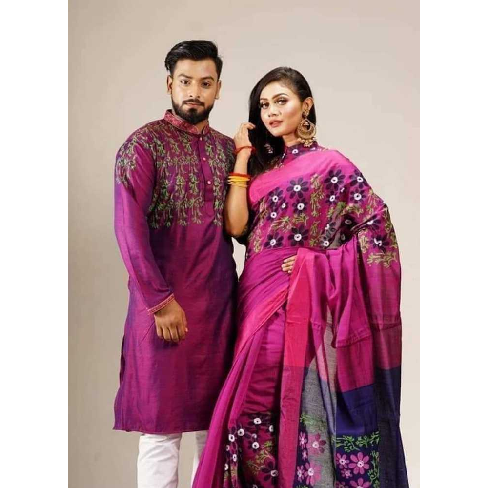 Half Silk Block Print Saree and Dhupian Cotton Panjabi Couple Set - Multicolor - 355