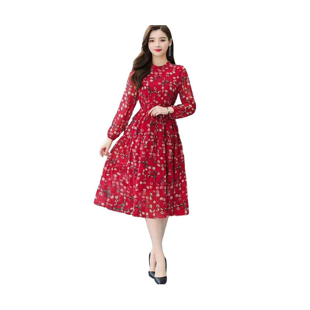 Linen 3D Screen Print Fashionable Long Gown For Women - Red - G-M04