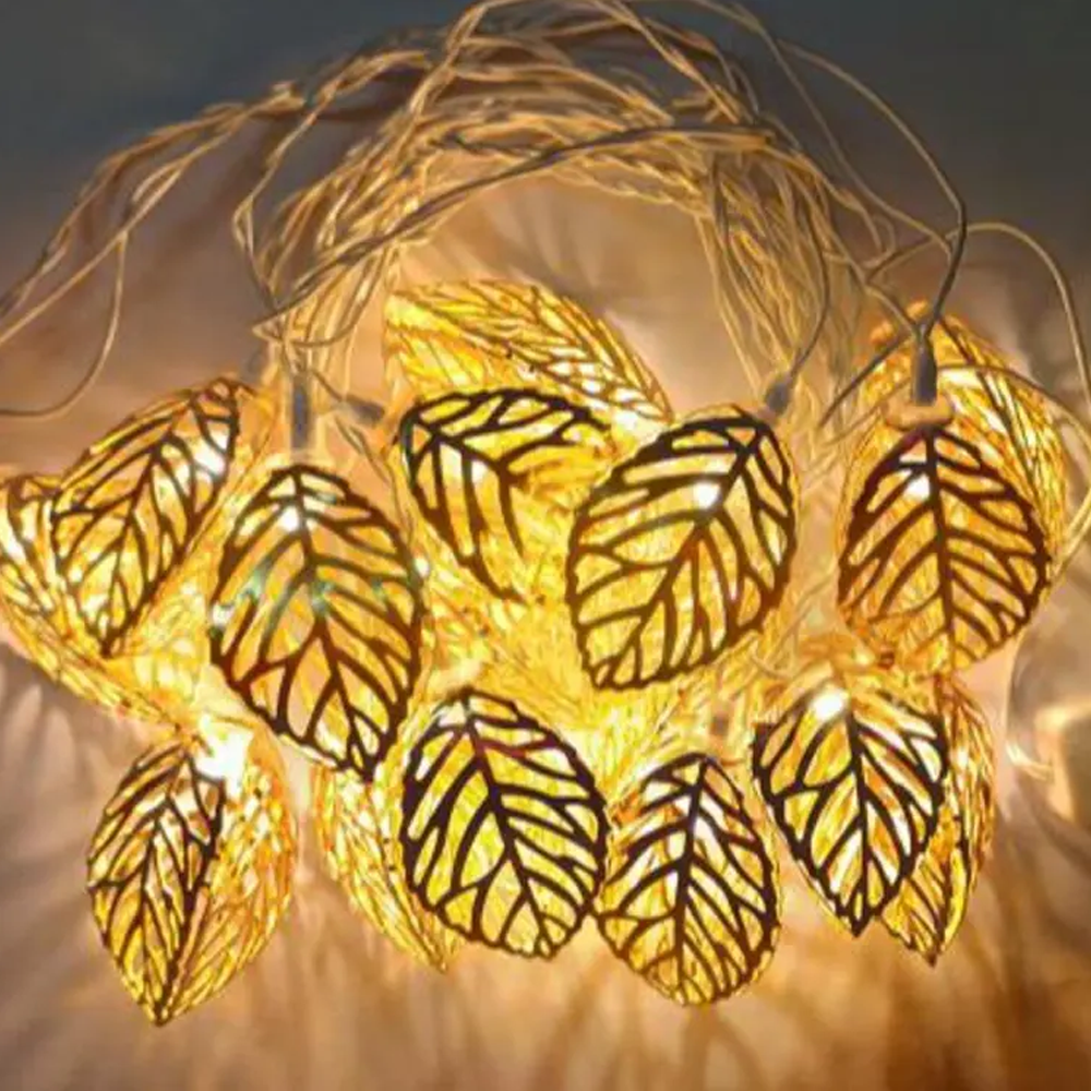 Metal 3D Leaf Shape Fairy Decorative Lights - 20 Pcs - Golden