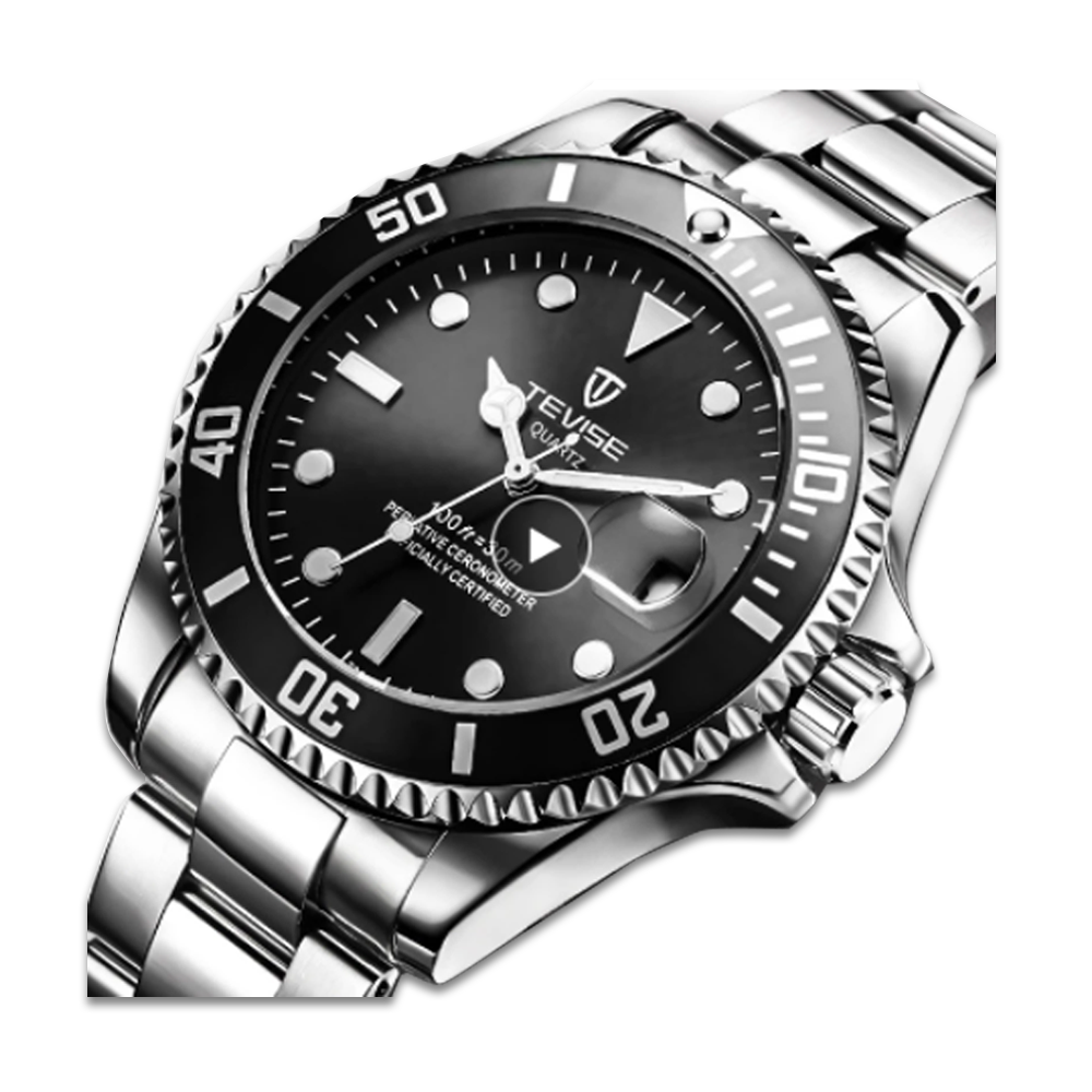 Steel Quartz Waterproof Watch for Men Black and Silver