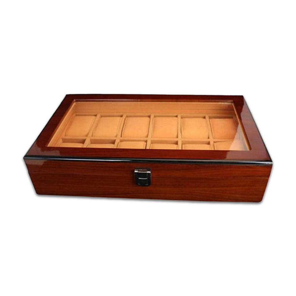 Wooden Watch Box Case With Large Clear Glass Top - 12 Slots