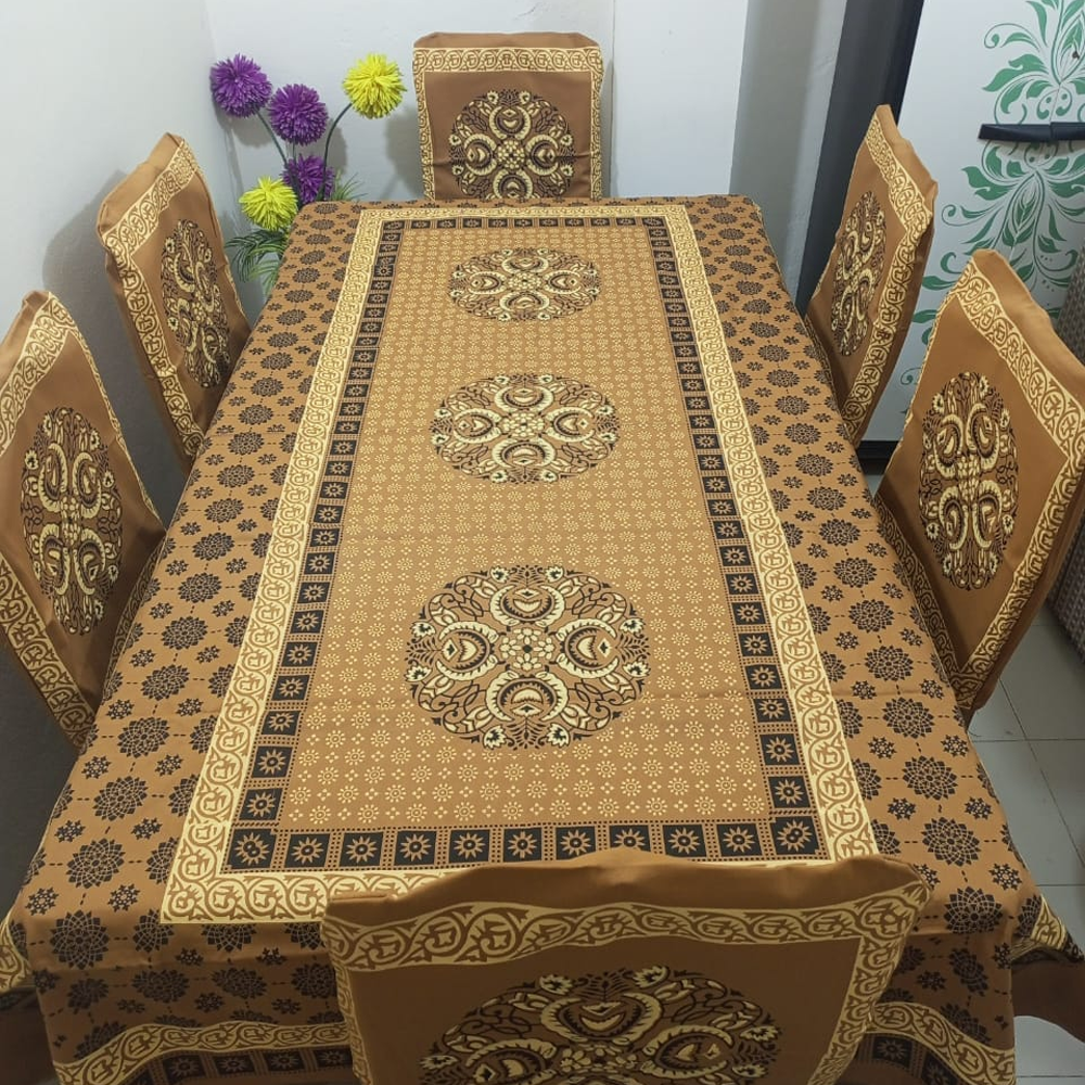 Cotton Screen Print Dining Table Runner 6 Chair Cover Brown