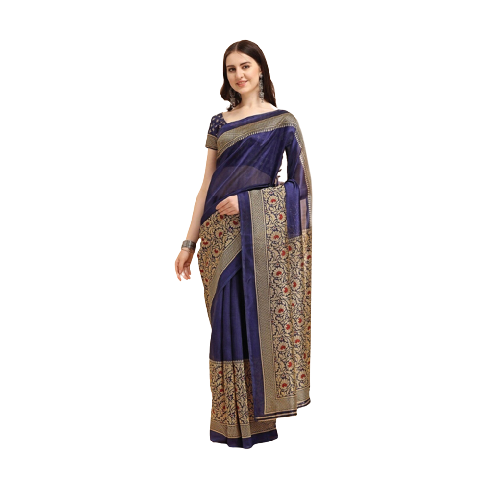 Silk Printed Saree With Blouse Piece - Navy Blue and Golden - SS-57