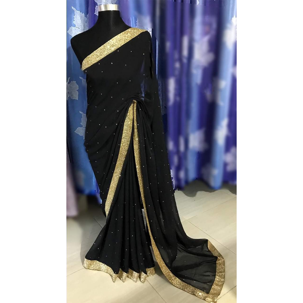 Weightless Georgette  Lace Work Saree With Blouse Piece For Women - Black - Blackchita001