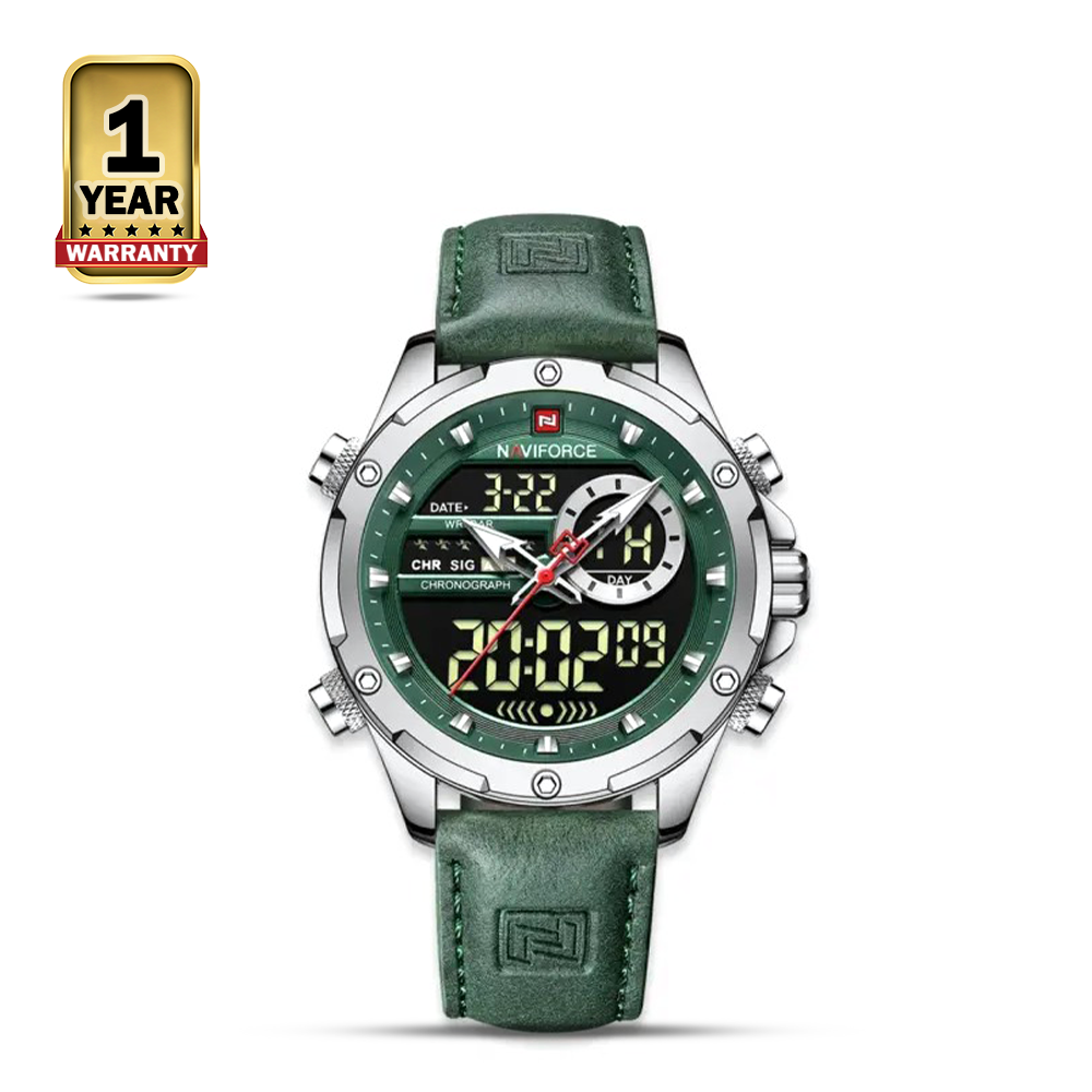 NAVIFORCE NF9208 Green PU Leather Dual Time Watch For Men - Silver and Green