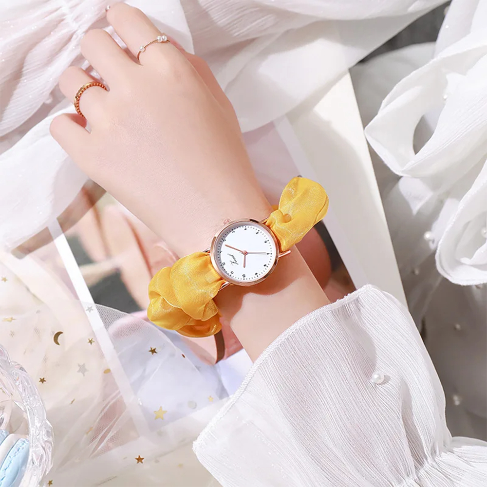 Fancy Silk Strap Round Dial Bracelet Watch For Women Yellow SW002