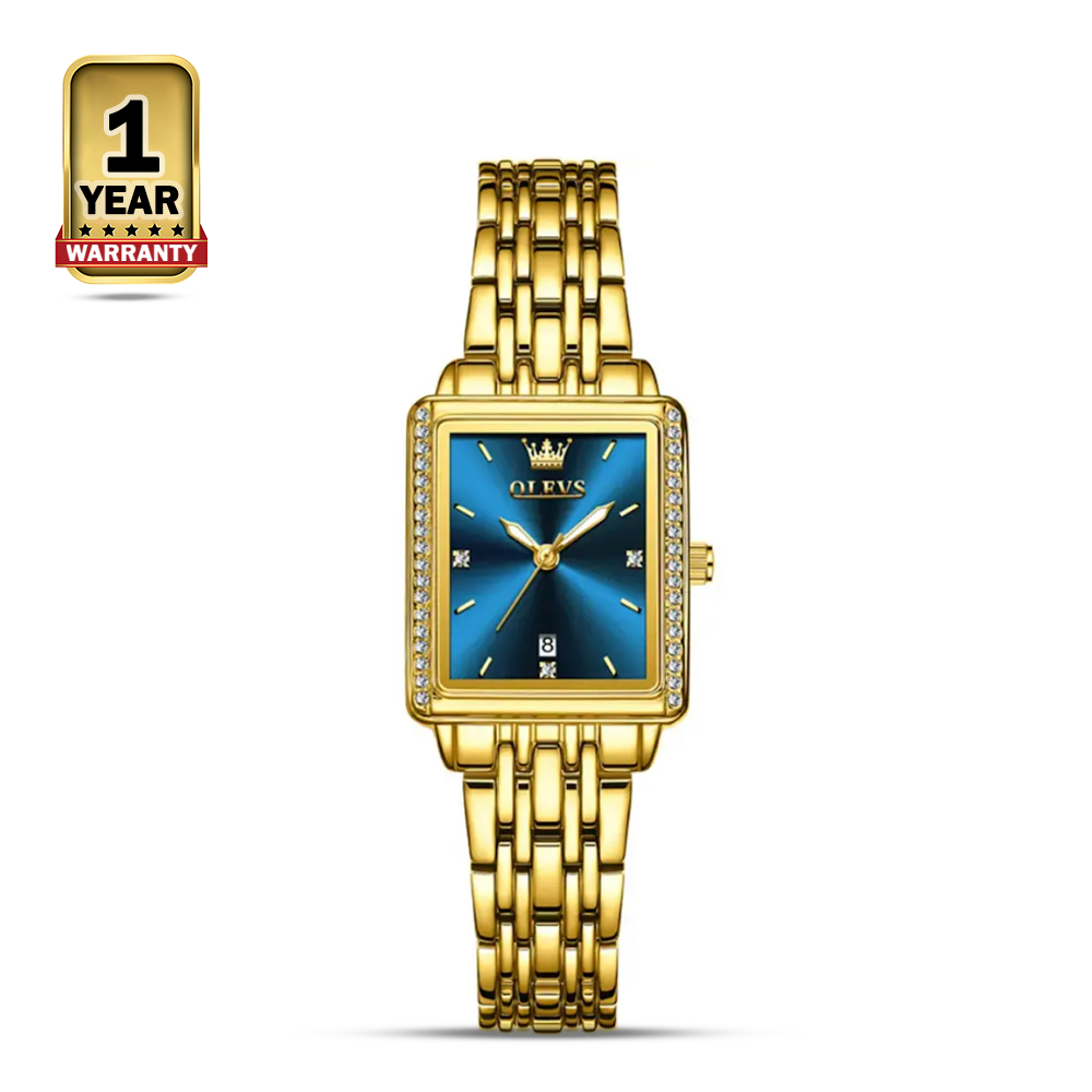 OLEVS 9995 Luxury Diamond Square Quartz Watch For Women - Golden Blue