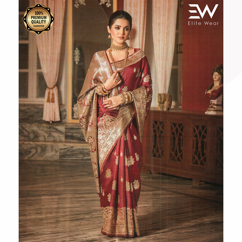 Gujrati Pure Handloom Katan Saree with Blouse Piece for Women - Red Wine - A-641 A