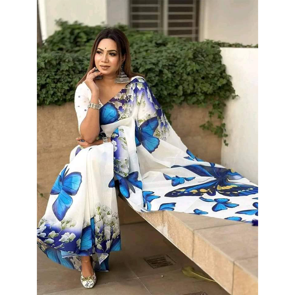 Half Silk Digital Print Saree For Women - Multicolor - DP-6015