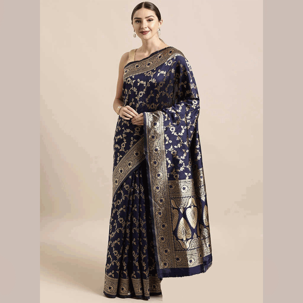 Silk Printed Saree With Blouse Piece For Women -Navy Blue