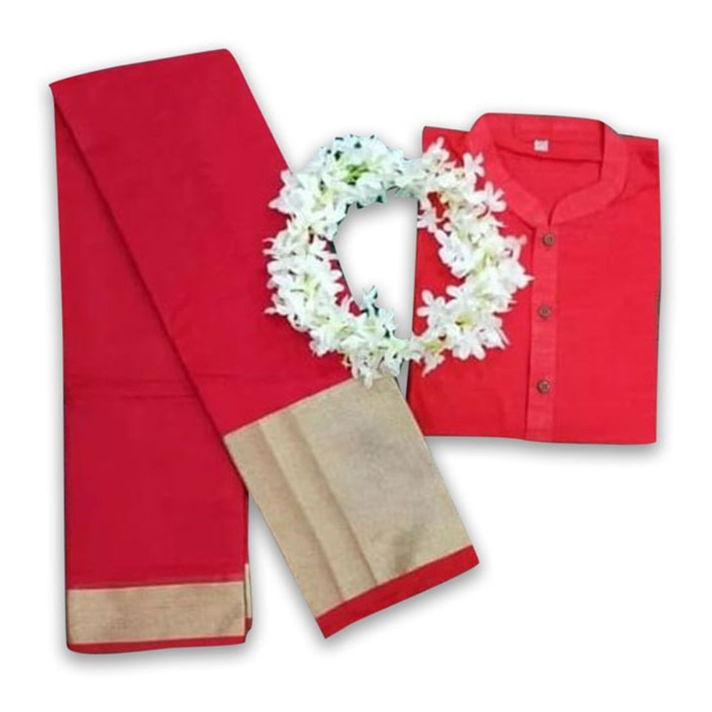 Half Silk Saree and Dupion Silk Panjabi with Gajra Couple Set - Red