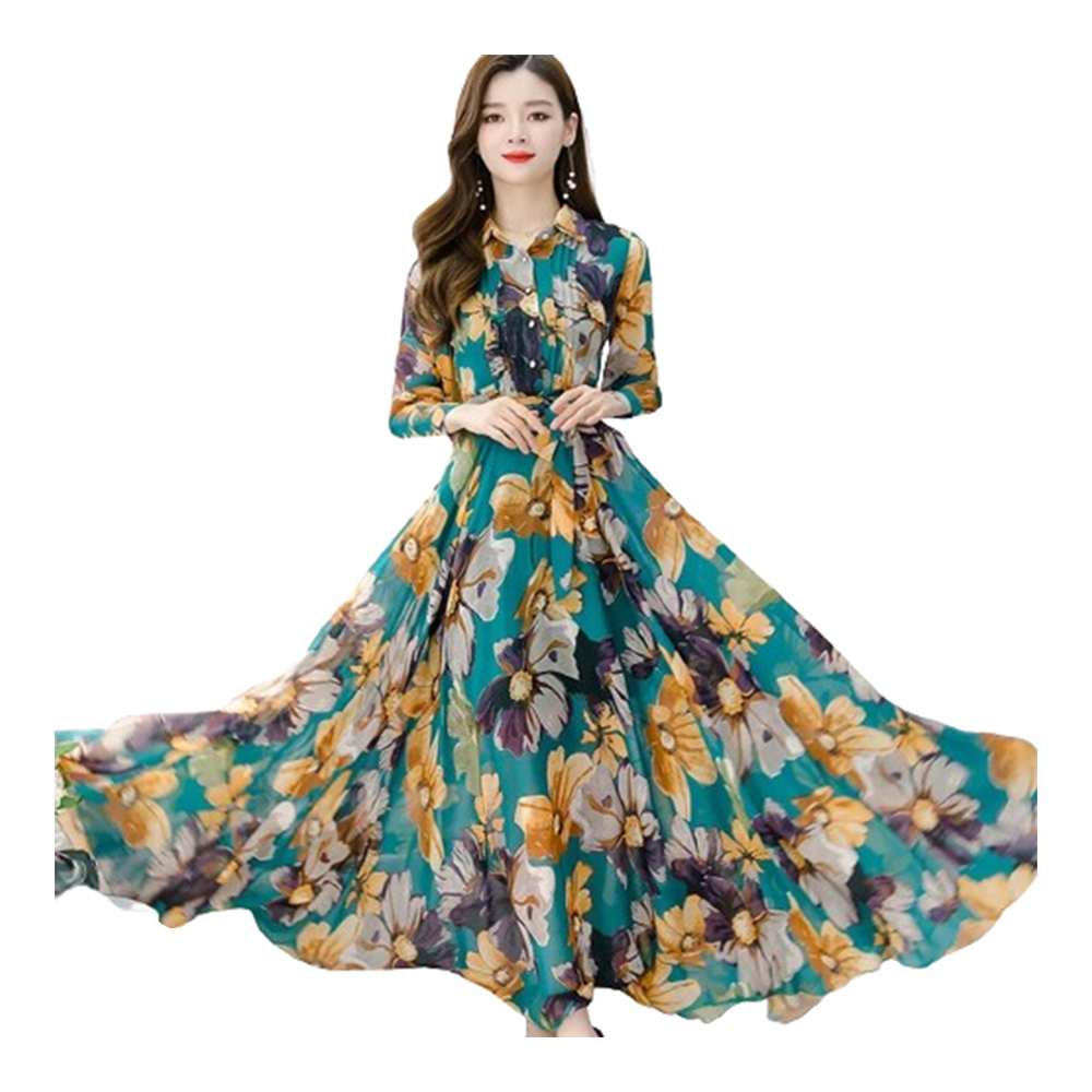 Linen Digital Print Long Sleeve Gown For Women - Green - GL-P9