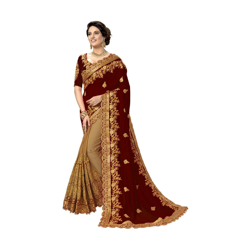 Embroidery Work Weightless Georgette Saree With Blouse Pcs For Women - Maroon and Tan