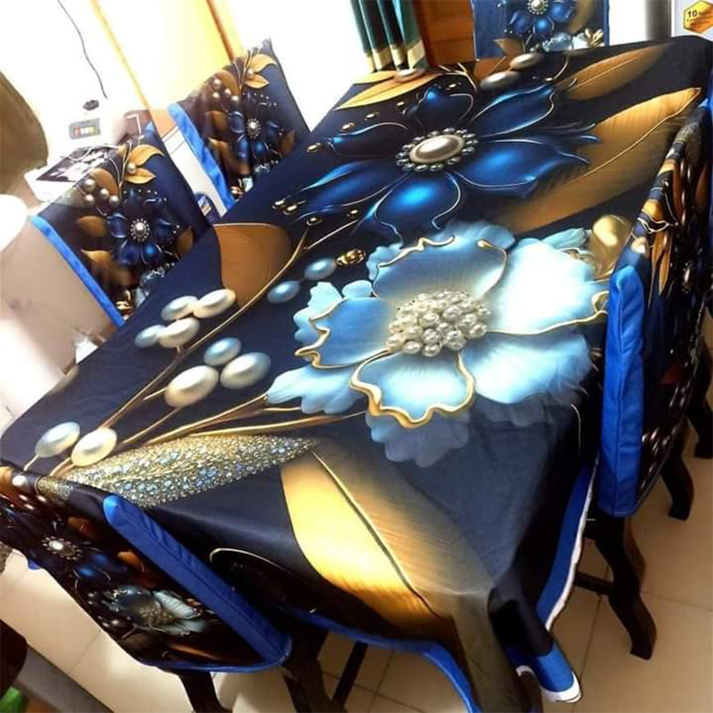 Korean Velvet 3D Print Dining Table Cloth and Chair Cover Set 7 In 1 - HS 00086