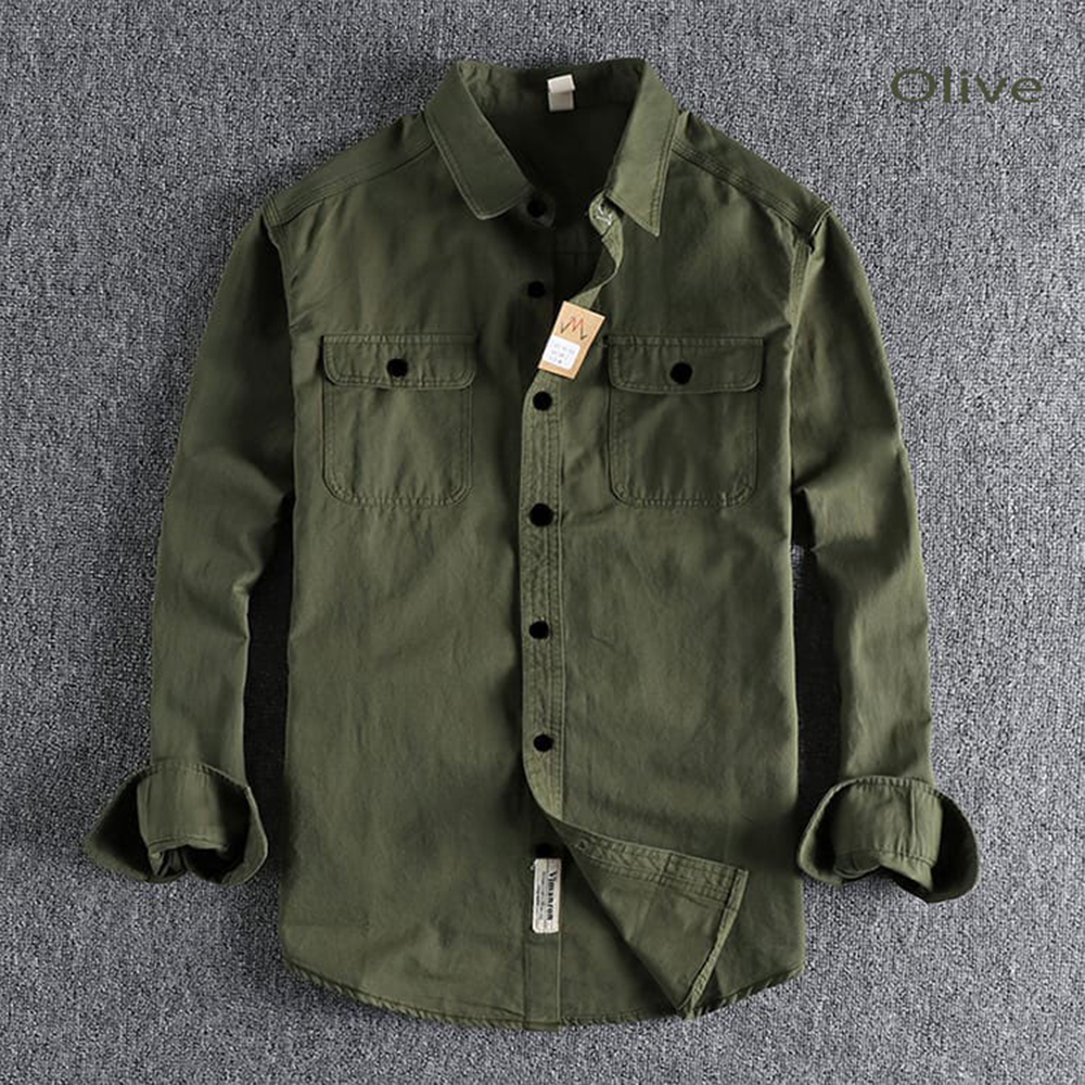 Cotton Full Sleeve Double Pocket Shirt For Men - Dark Olive - Shirt-01