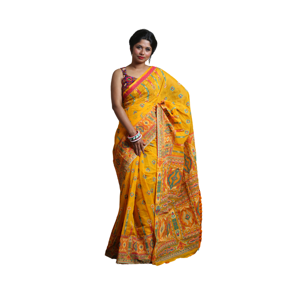 Skin Print Silk Cotton Saree For Women - Yellow - SC25