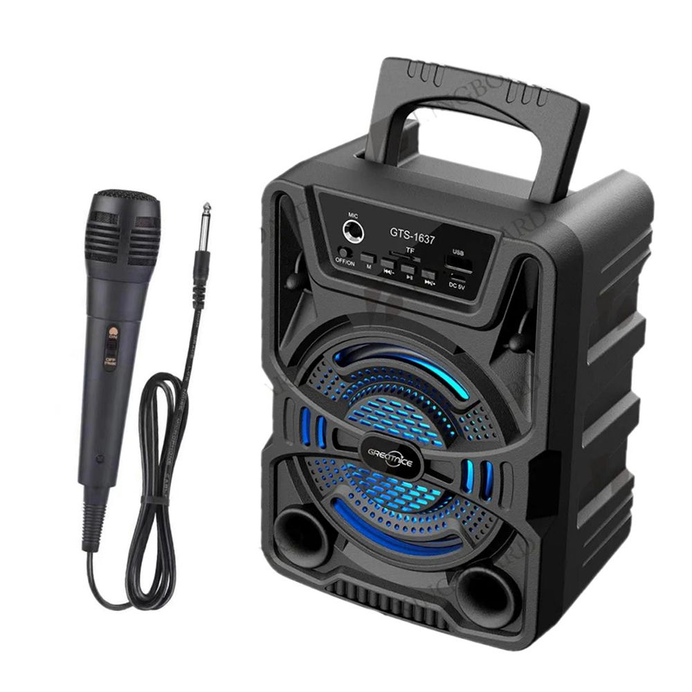 GTS-1637 Outdoor Party Portable 4 inch Small Wireless Mini Led Speaker with Wired Microphone - Black