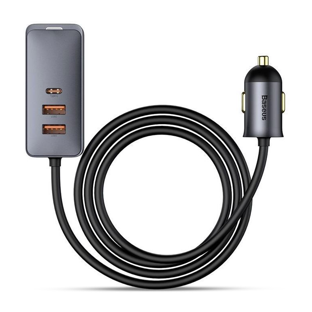 Baseus 120W Share Together PPS multi-port Fast Charging Car Charger with Extension Cord 3U+1C - Gray