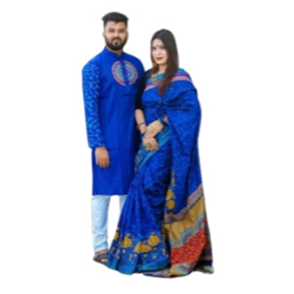 Half Silk Block Print Saree and Silk Cotton Panjabi For Couple - Blue - CS-B21