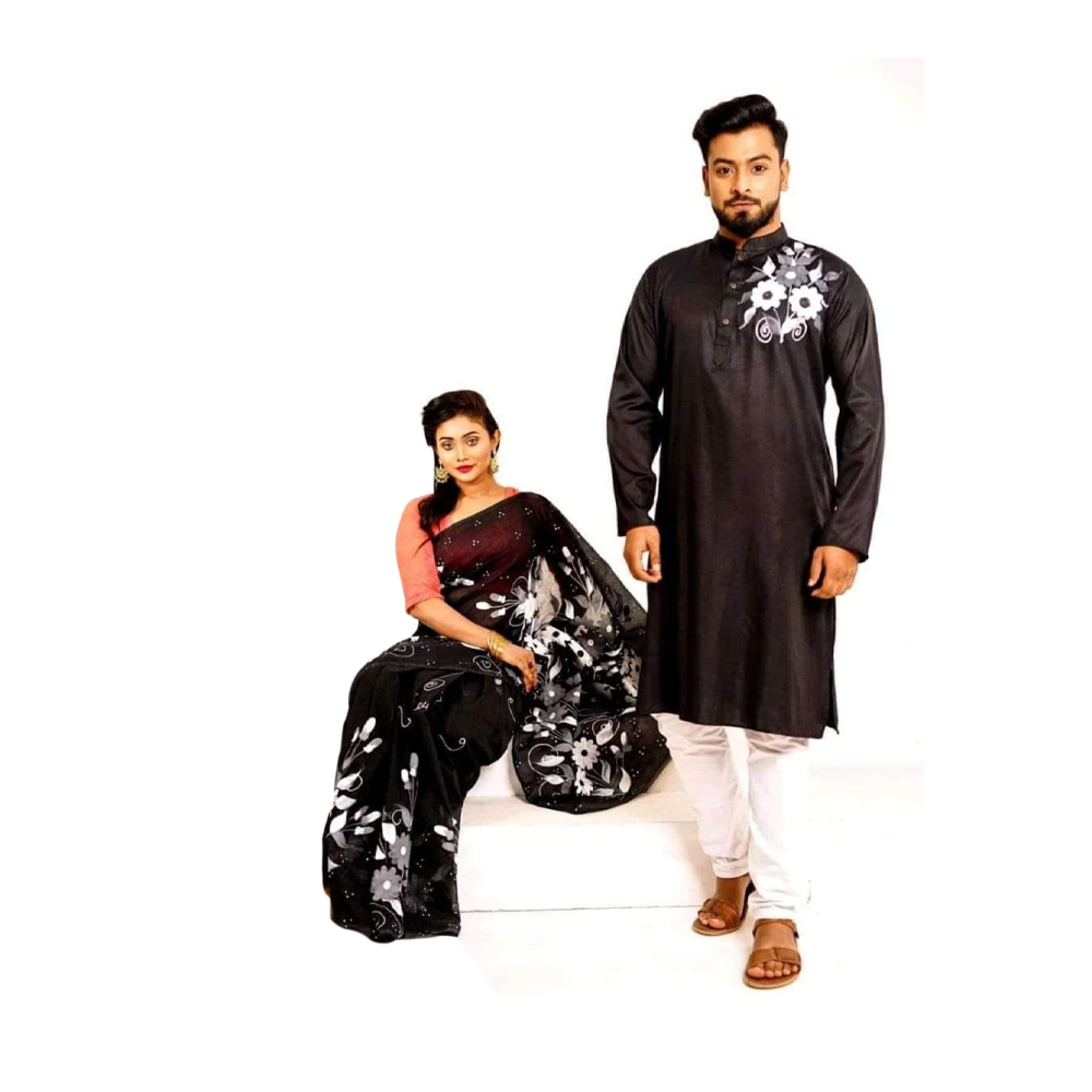 Half Silk Sharee and Cotton Punjabi Set For Couple - CS-20 - Black