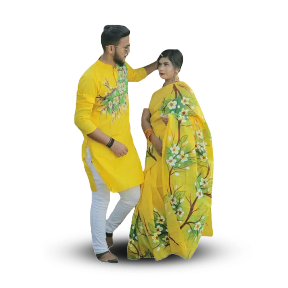 Hand Printed Saree With Panjabi Couple Set - Yellow - CS-88