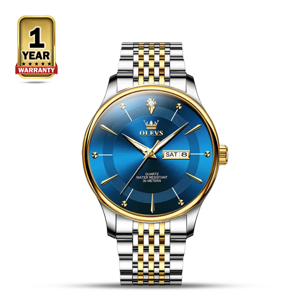 OLEVS 9908 Luxury Wrist Watch For Men - Silver Golden Blue