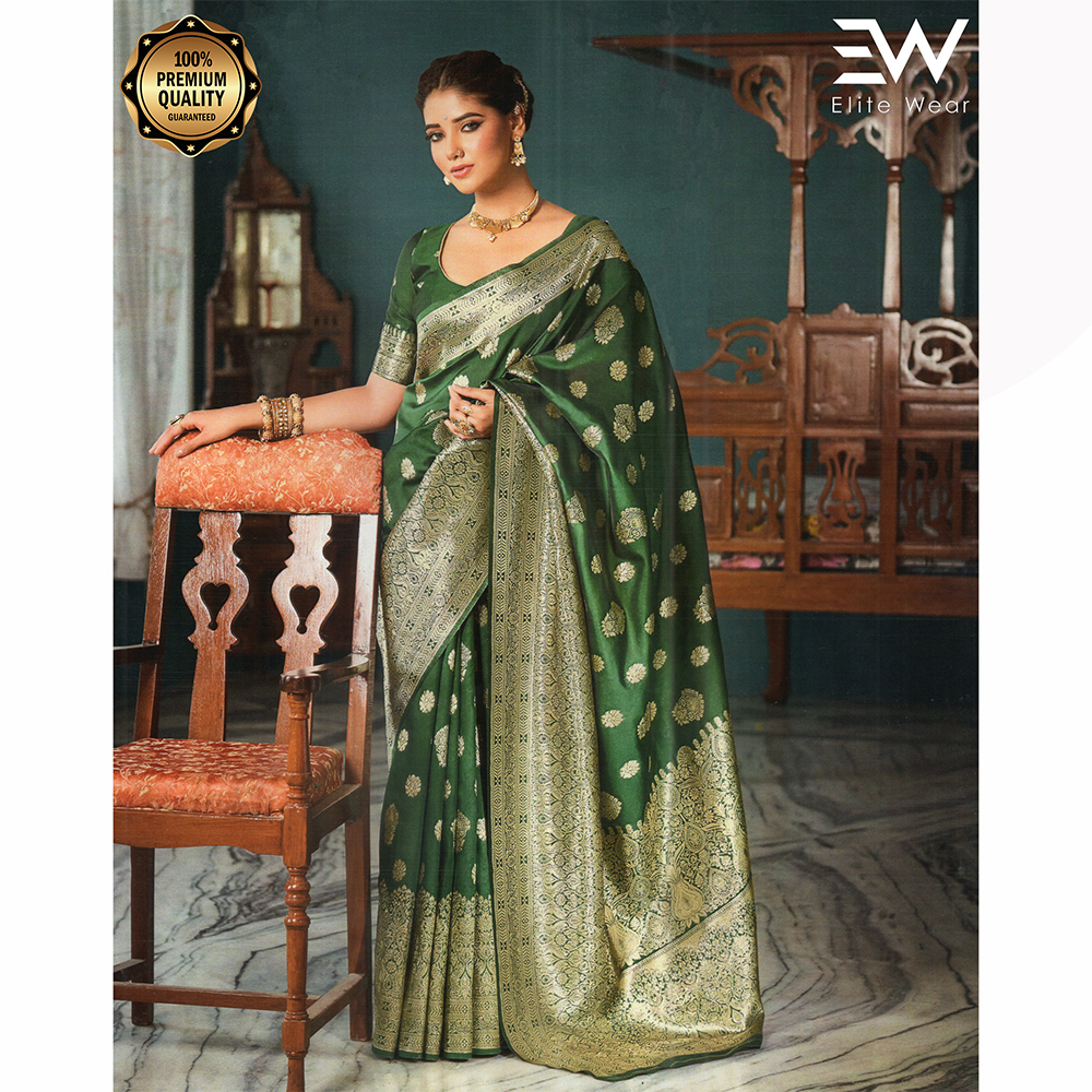 Gujrati Pure Handloom Katan Saree with Blouse Piece for Women - Dark Green - A-645 B