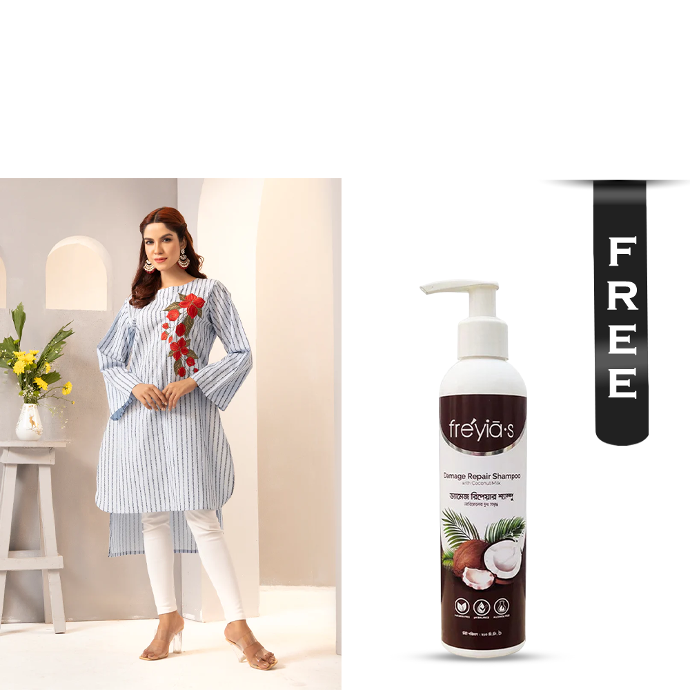 Buy Showstopper Cherry Georgette Kurti for Women - 0224 000272 - Pastel Blue and Get Freyias Damage Repair Shampoo with Coconut Milk - 220ml Free