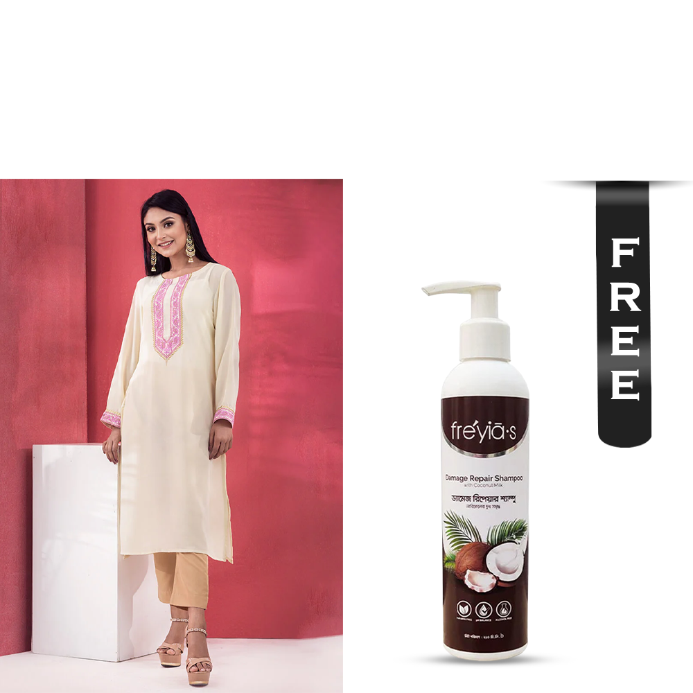 Buy Showstopper Crepe Silk Kurti for Women - M21 - Pale Yellow and Get Freyias Damage Repair Shampoo with Coconut Milk - 220ml Free