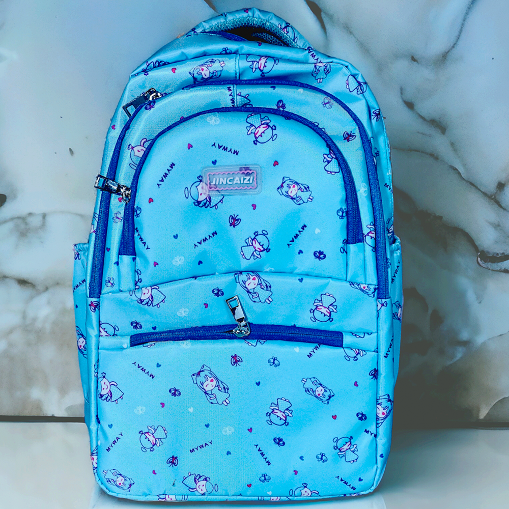 Nylon Doll Print School Backpack for Kids - Sky Blue