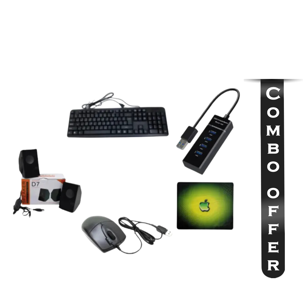 Combo Pack Of Keyboard Mouse Mousepad Usb Dual Speaker & Usb Hub - Black