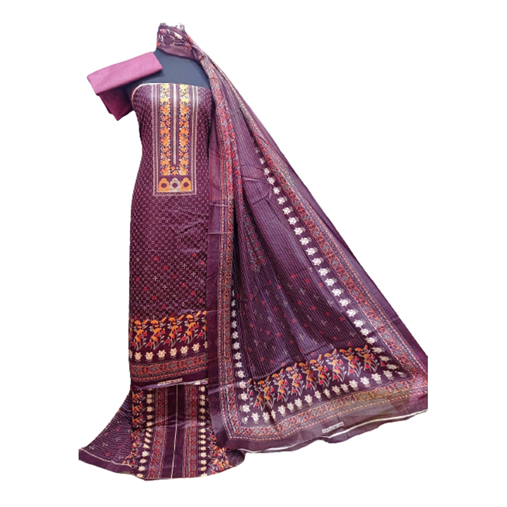 Unstitched Cotton Printed Salwar Kameez For Women - Dark Mauve - 3R-F39