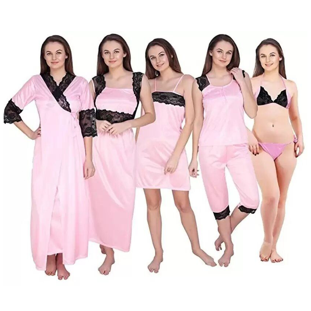 Satin Silk 7-Part Nighty Beautiful Night Dress For Women - Multicolor - MZ-1002