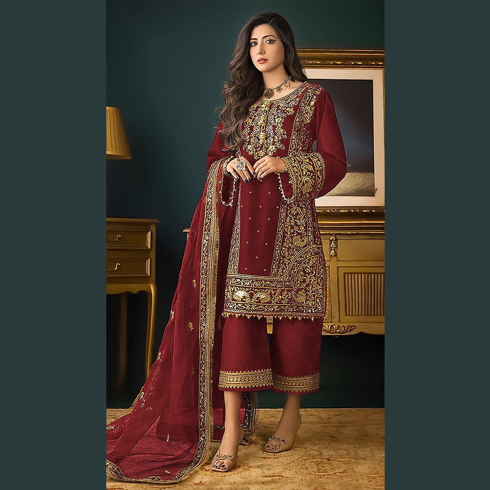 Unstitched Net Embroidered Salwar Suits  For Women - Maroon - S-734 B