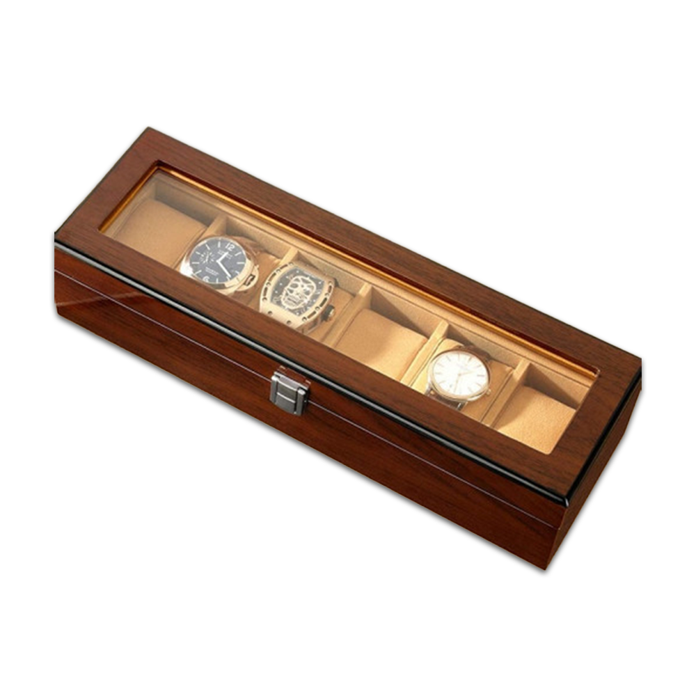 Wooden Watch Box Case With Large Clear Glass Top - 6 Slots